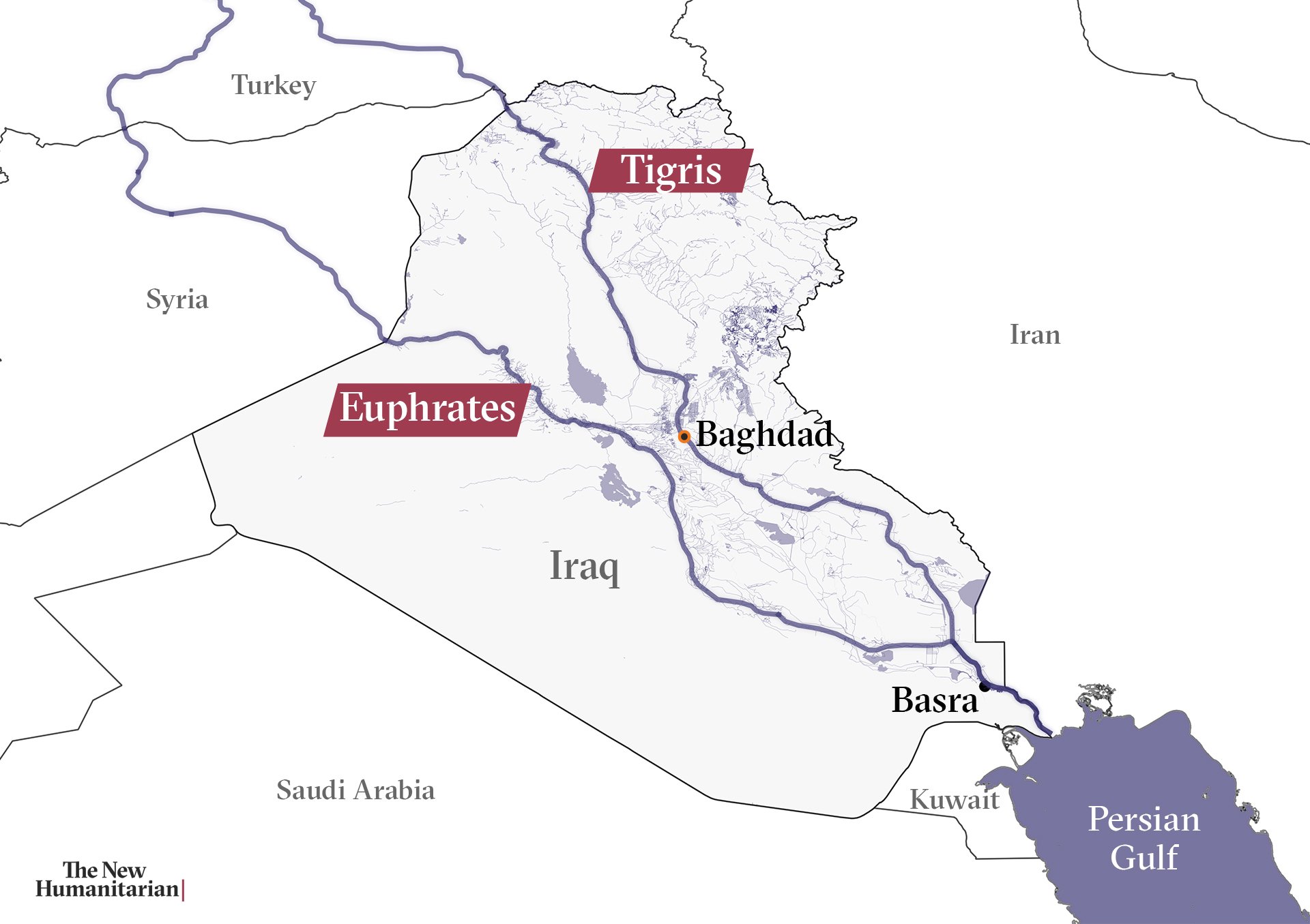 Map showing Tigris and Euphrates from Turkey through Iraq, including Baghdad and Basra, through to the Persian Gulf.