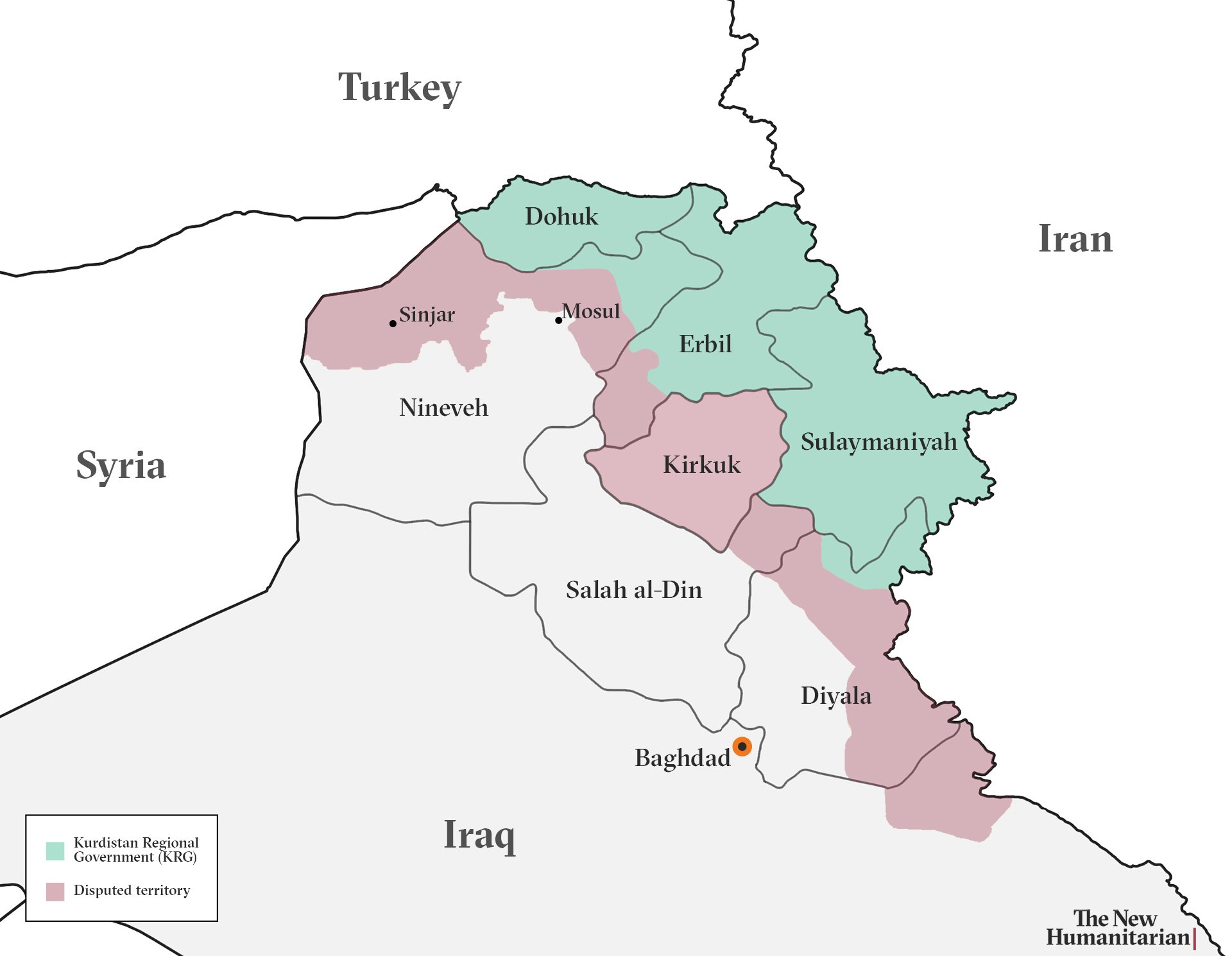 Map of KRG Kurdish Regional Government territory and disputed territory in Iraq