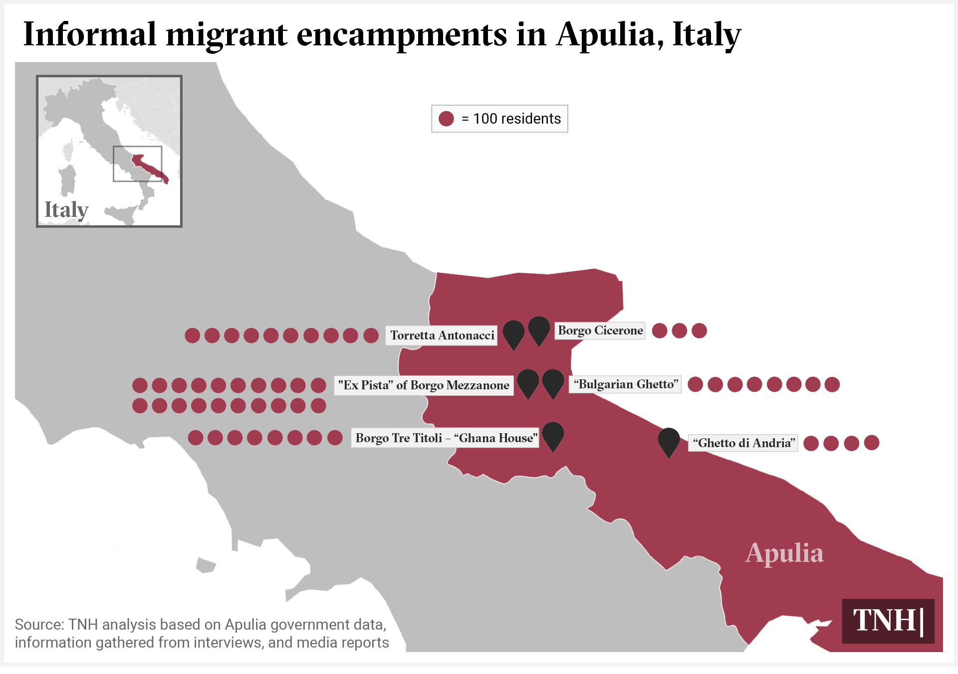 Map of informal migrant settlements in Apulia, Italy