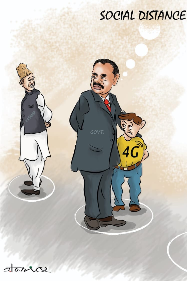 This cartoon compares Kashmir’s internet restrictions with “social distancing” public health measures.