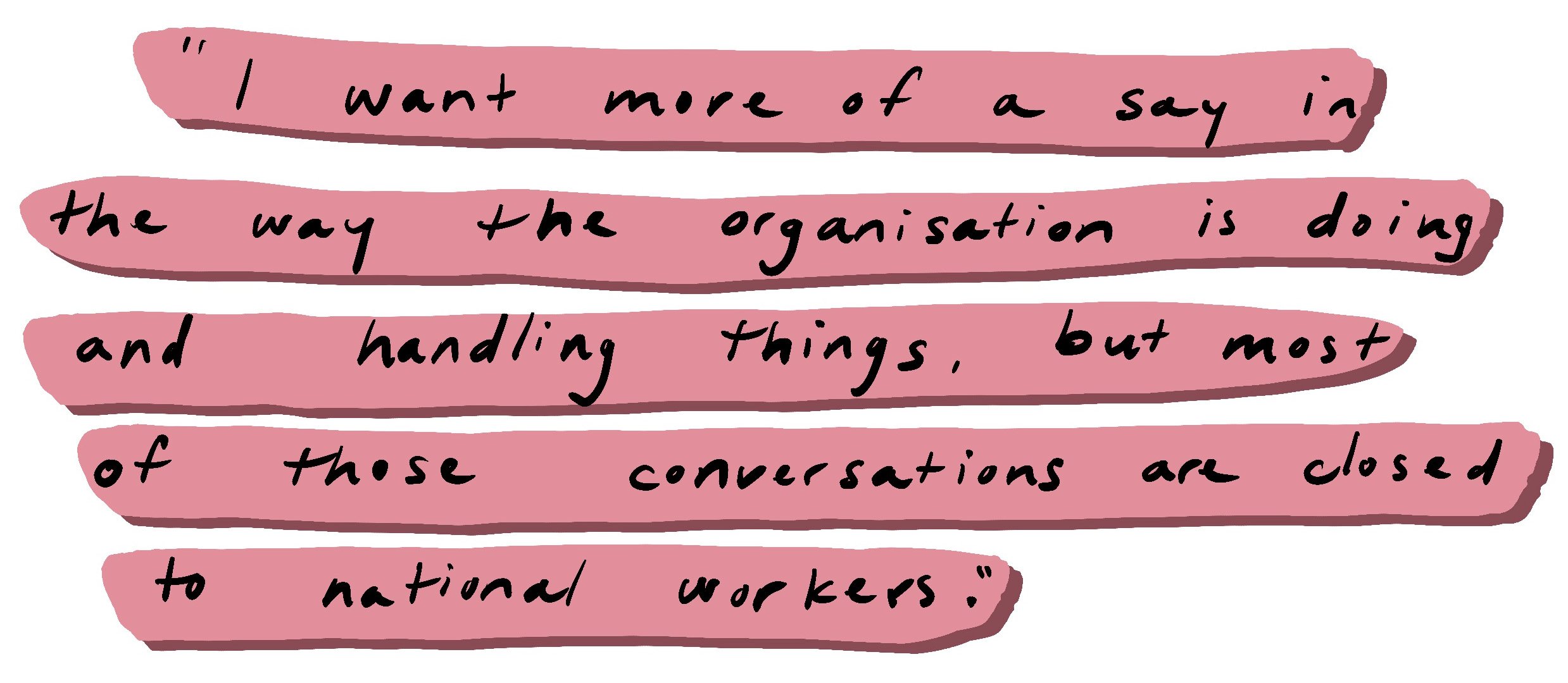 “I want more of a say in the way the organisation is doing and handling things, but most of those conversations are closed to national workers.”