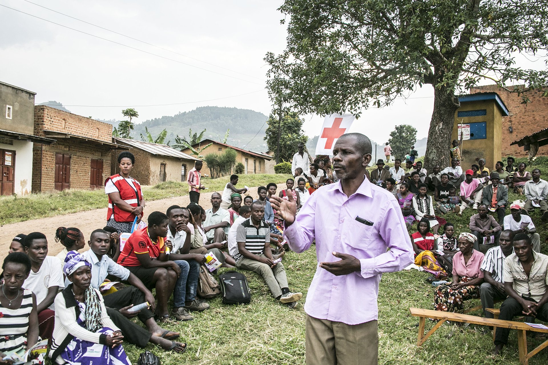 Photo of community in Ebola meeting in Uganda