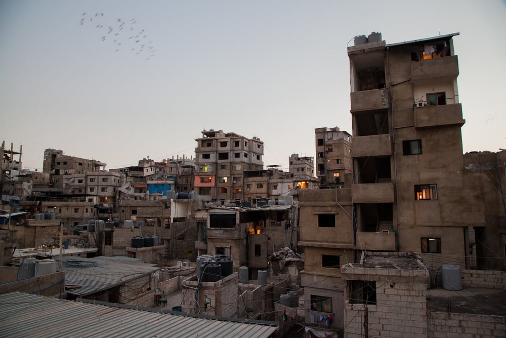 An exterior photo of housing in the Bourj el-Barajneh neighborhood of Beirut.