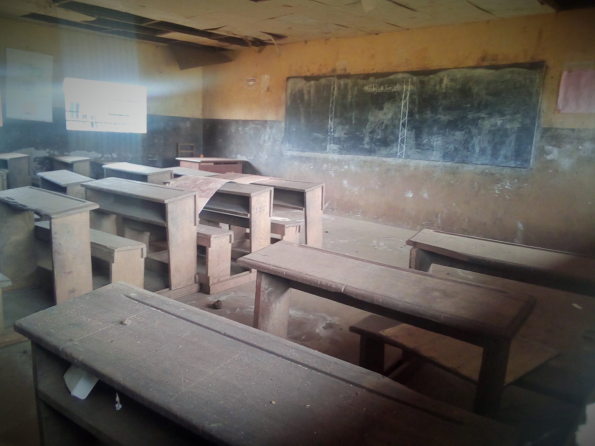 An empty, dusty classroom