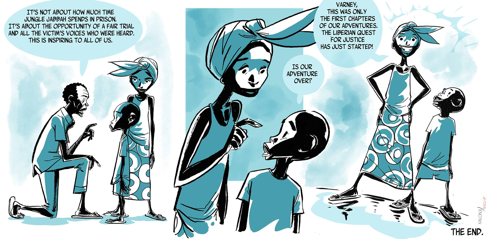 An extract from ‘Musu's Diary’, a cartoon that chronicles a young girl’s quest for justice in Liberia, drawn by artist J.P. Kalonji. The project aims to ensure that citizens are informed about the trials of alleged Liberian war criminals. 