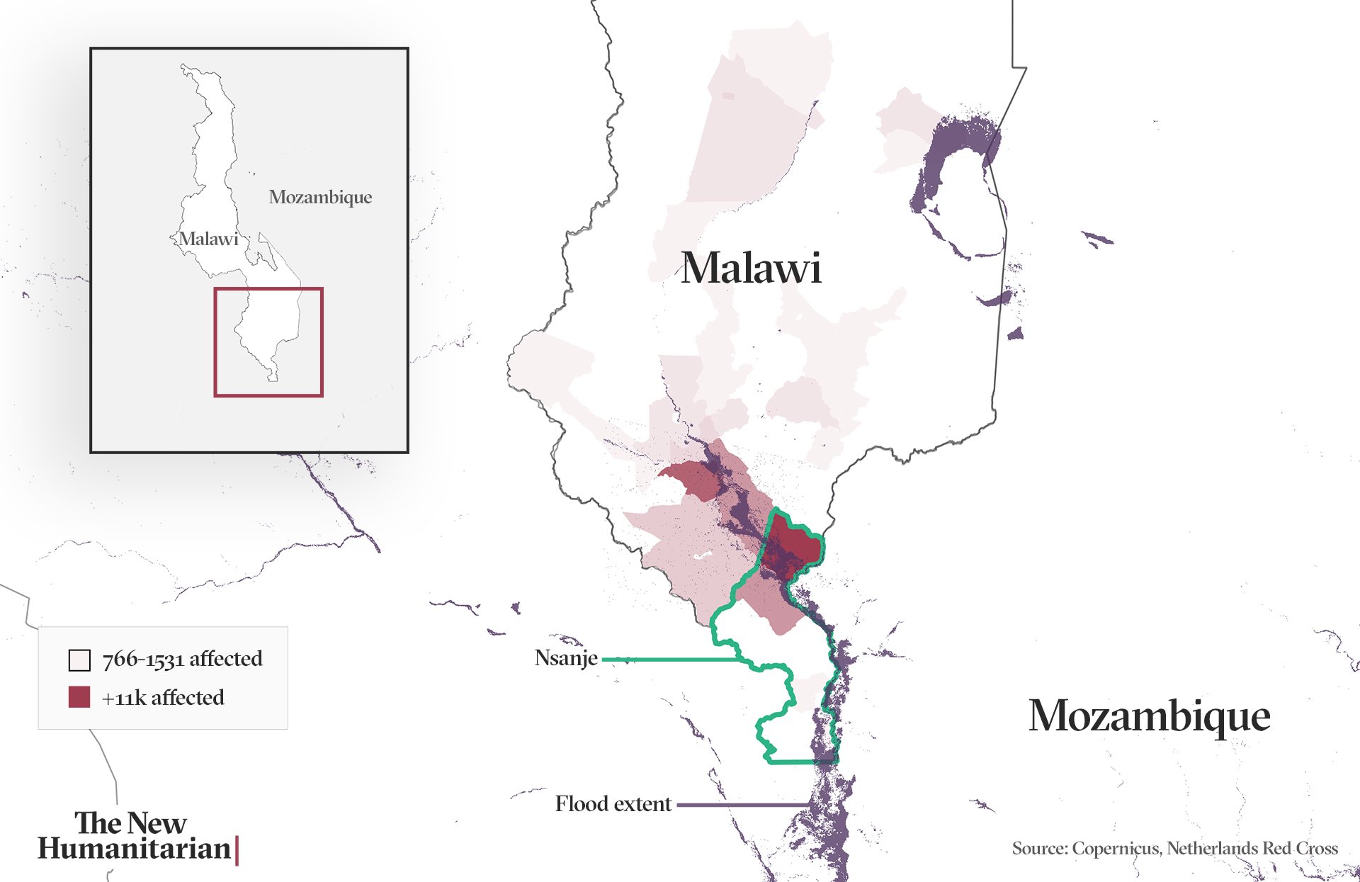 Map of Malawi showing Cyclone Idai affected region and Mozambique border