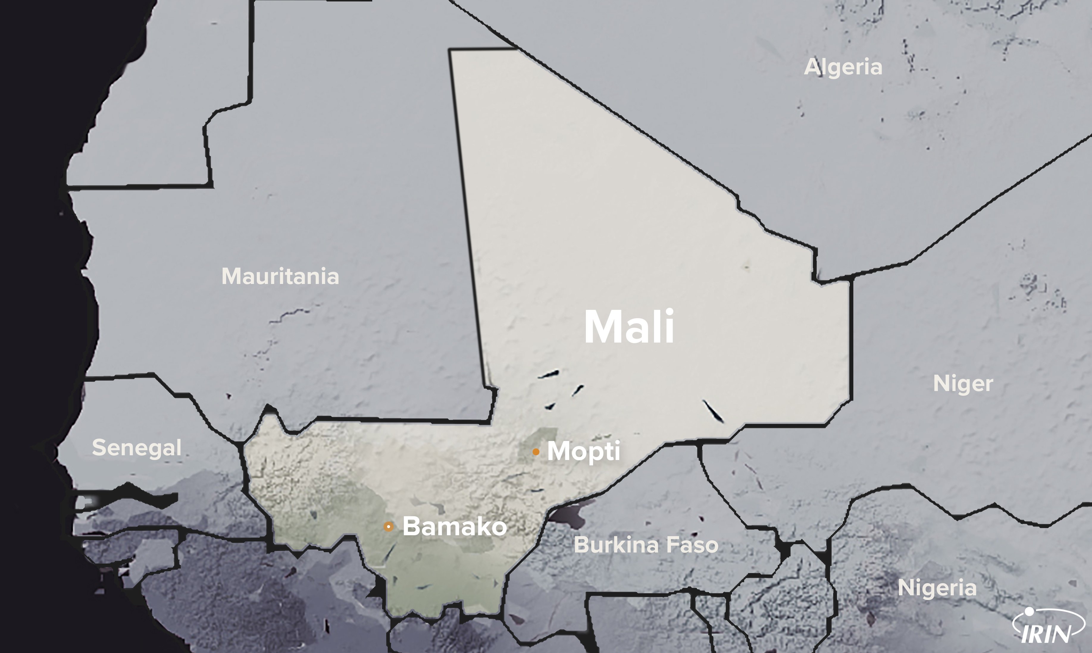 Map of Mali showing Mopti and Bamako and neighbouring countries