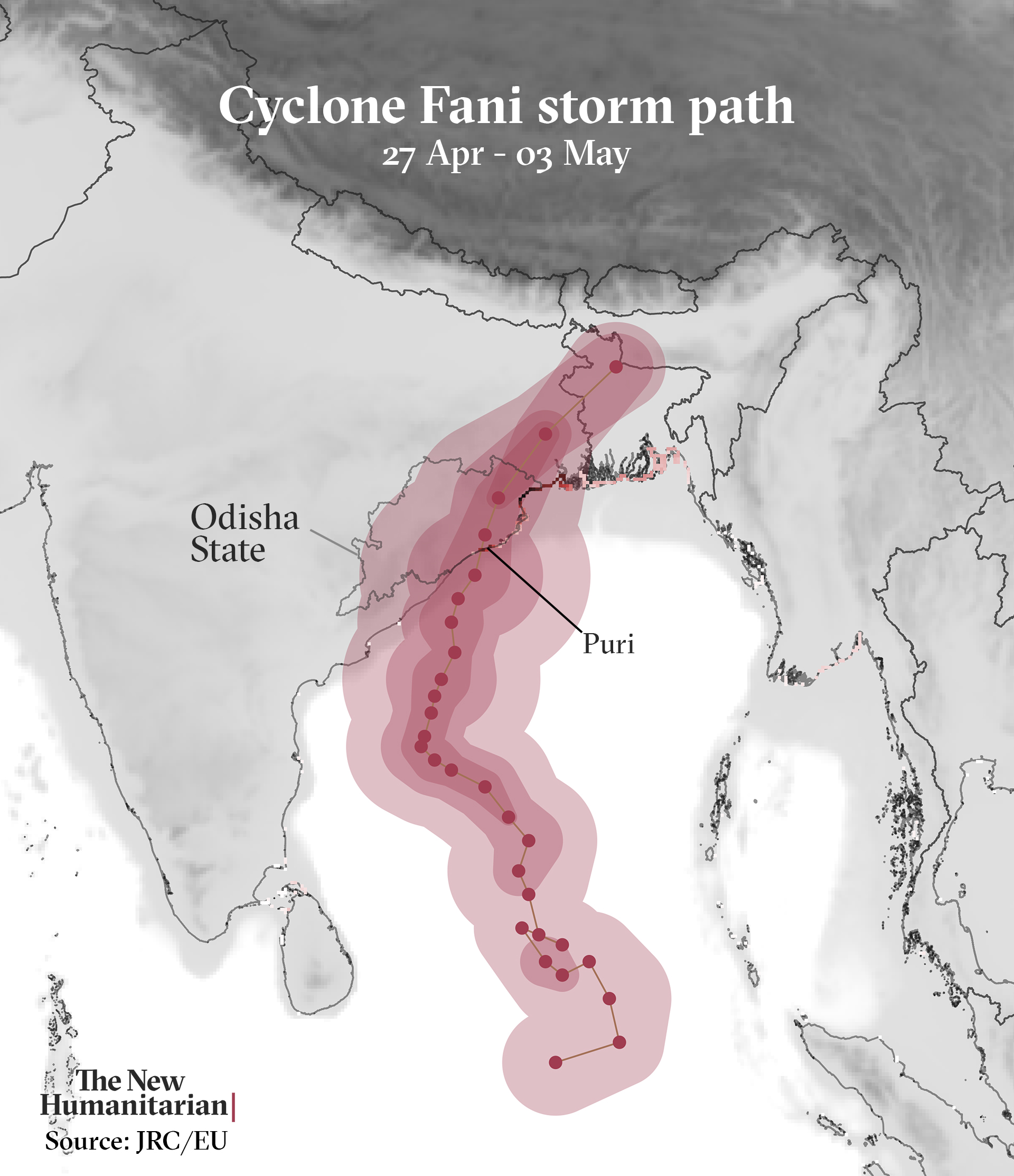 Map of India and Bangladesh showing Cyclone Fani path