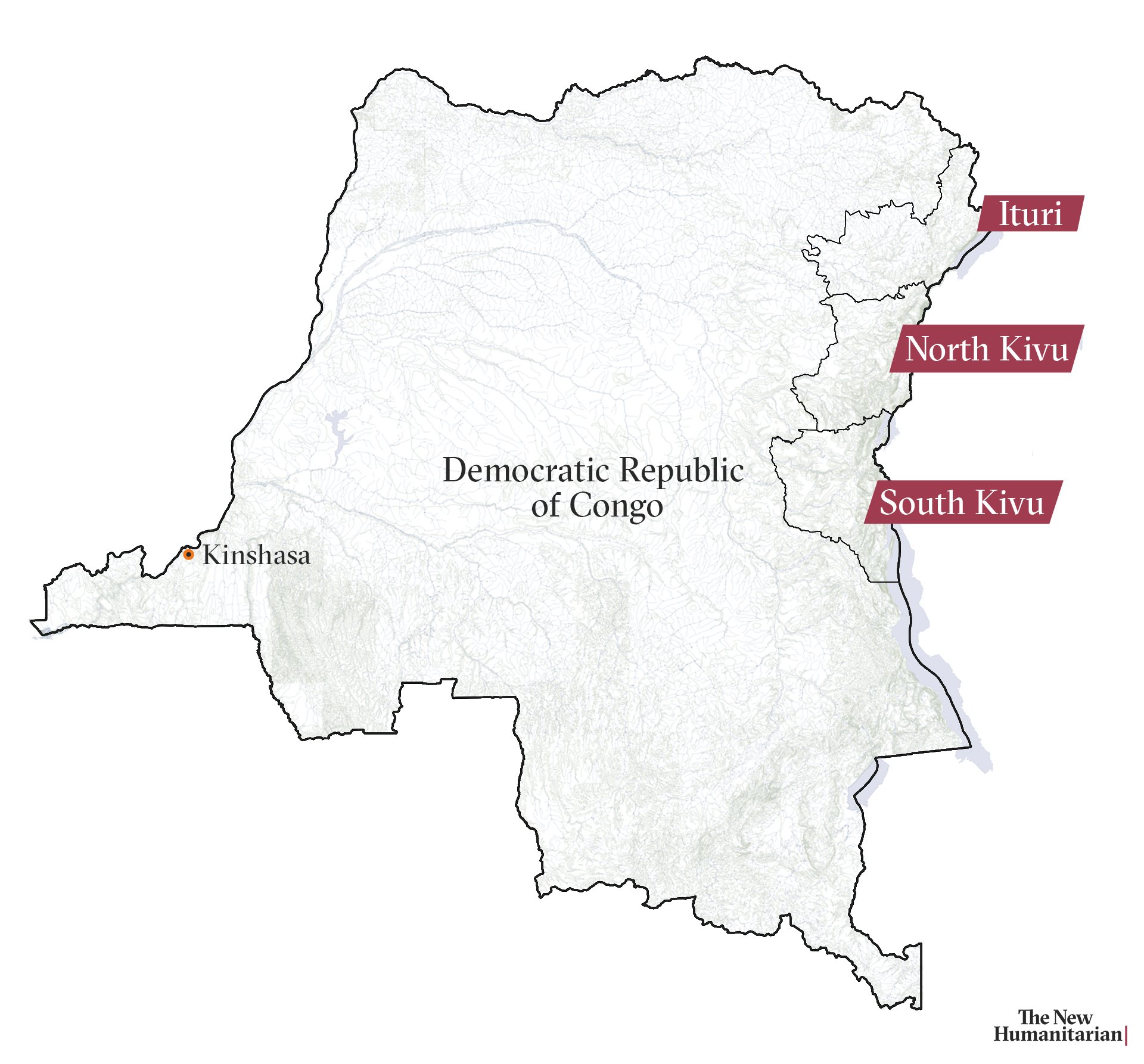 Map of Democratic Republic of Congo (DRC) including South Kivu, North Kivu, and Ituri 