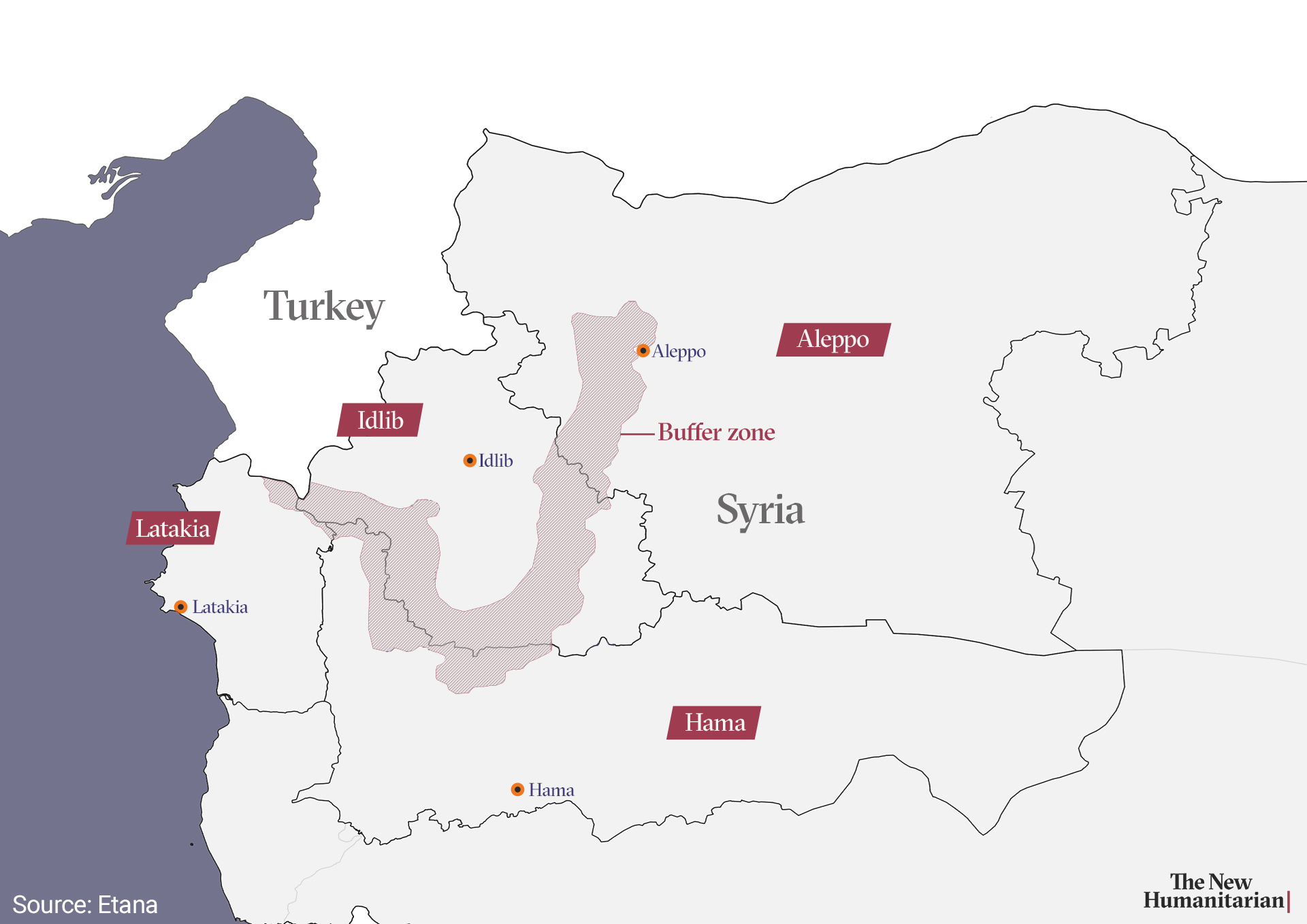 Map of Syria showing Turkey border and Idlib with conflict buffer zone