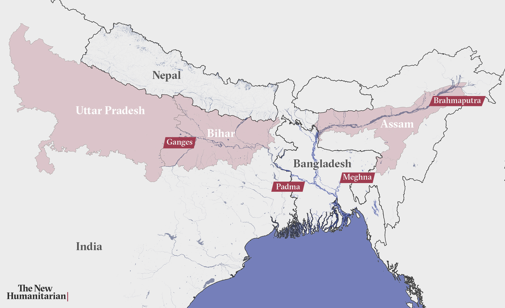 Map of India, Nepal, and Bangladesh showing the Ganges, Meghna, Padma and Brahmaputra rivers