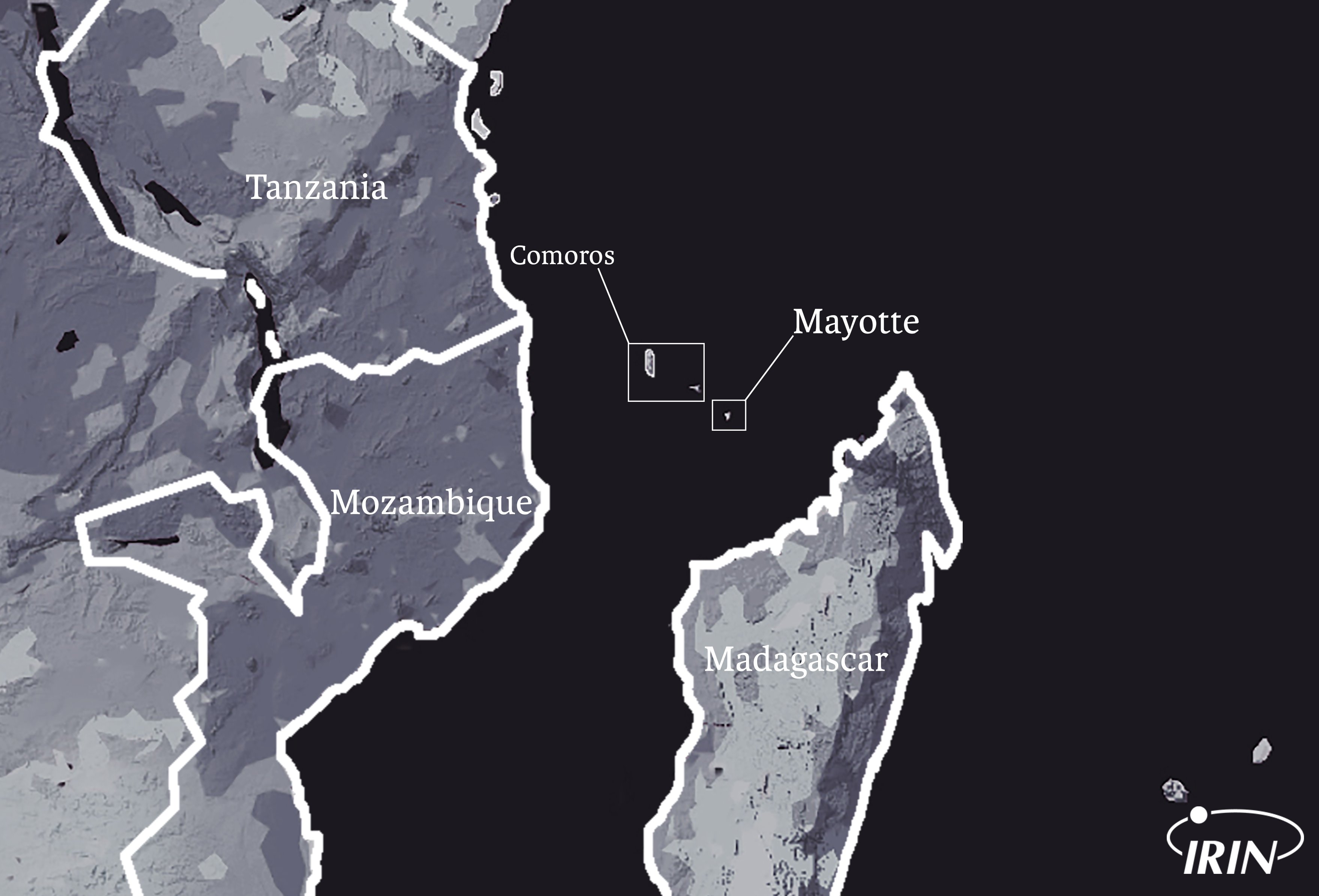 Map detailing location of Comoros, Mayotte, Madagascar, Mozambique, and Tanzania