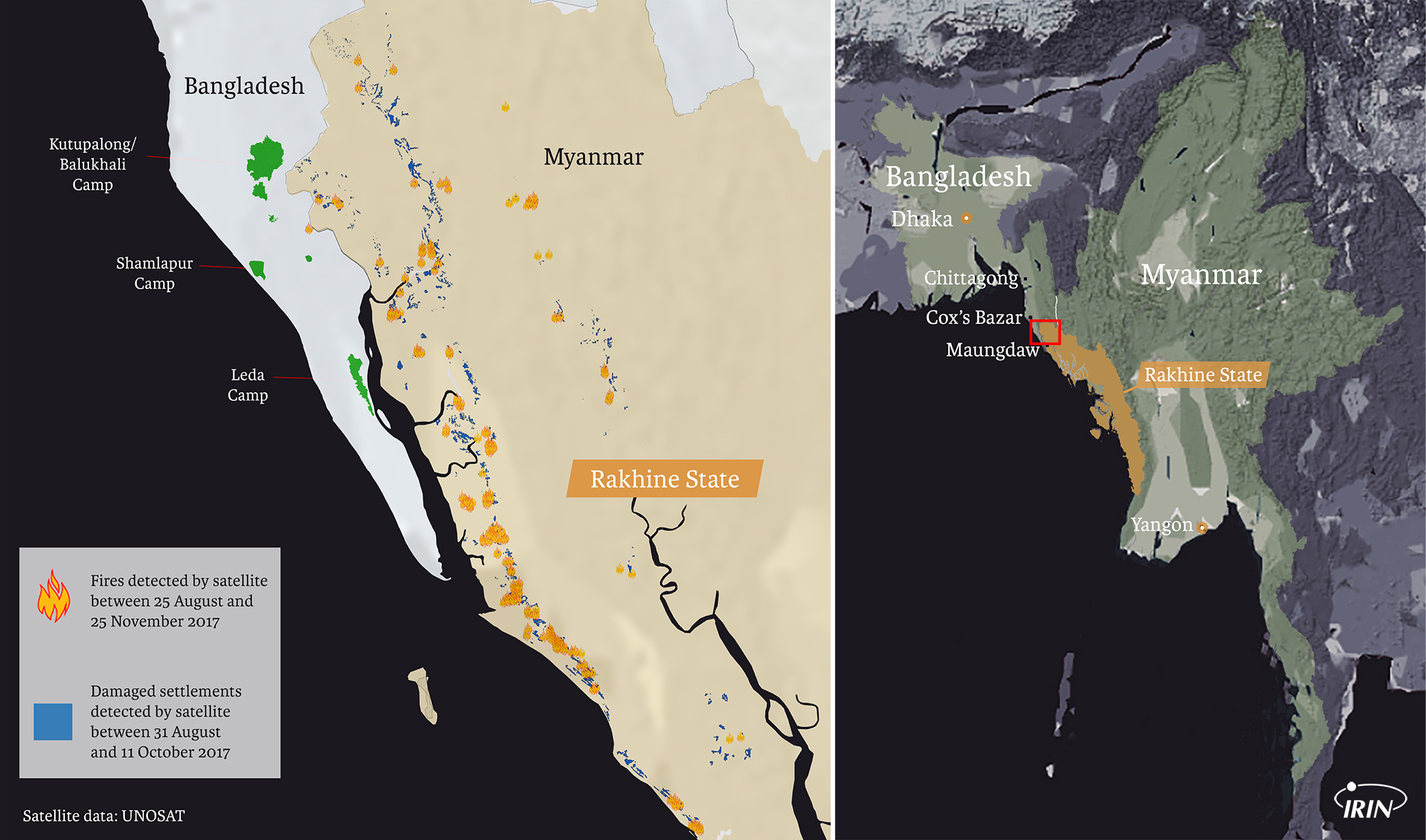 Map of Myanmar and Bangladesh including Rohingya camps, the Rakhine state, as well as satellite damage zone per UNOSAT