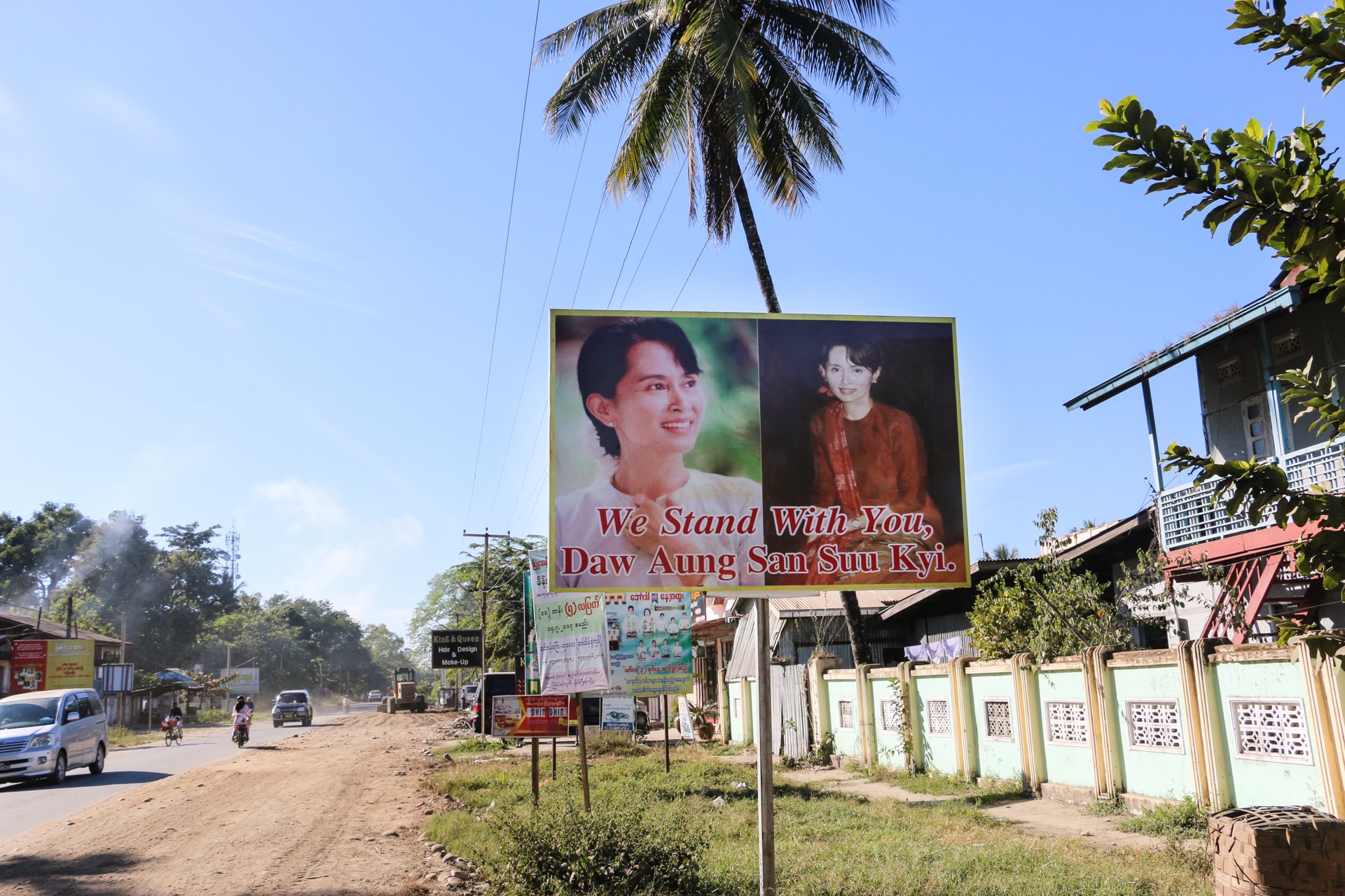 A signboard supporting Myanmar's defacto leader, Aung San Suu Kyi, is seen in Myitkyina.