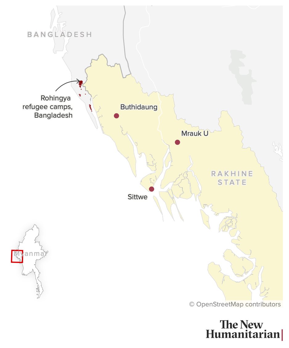 This map shows locations in Myanmar’s Rakhine State, as well as the Rohingya refugee camps in neighbouring Bangladesh.