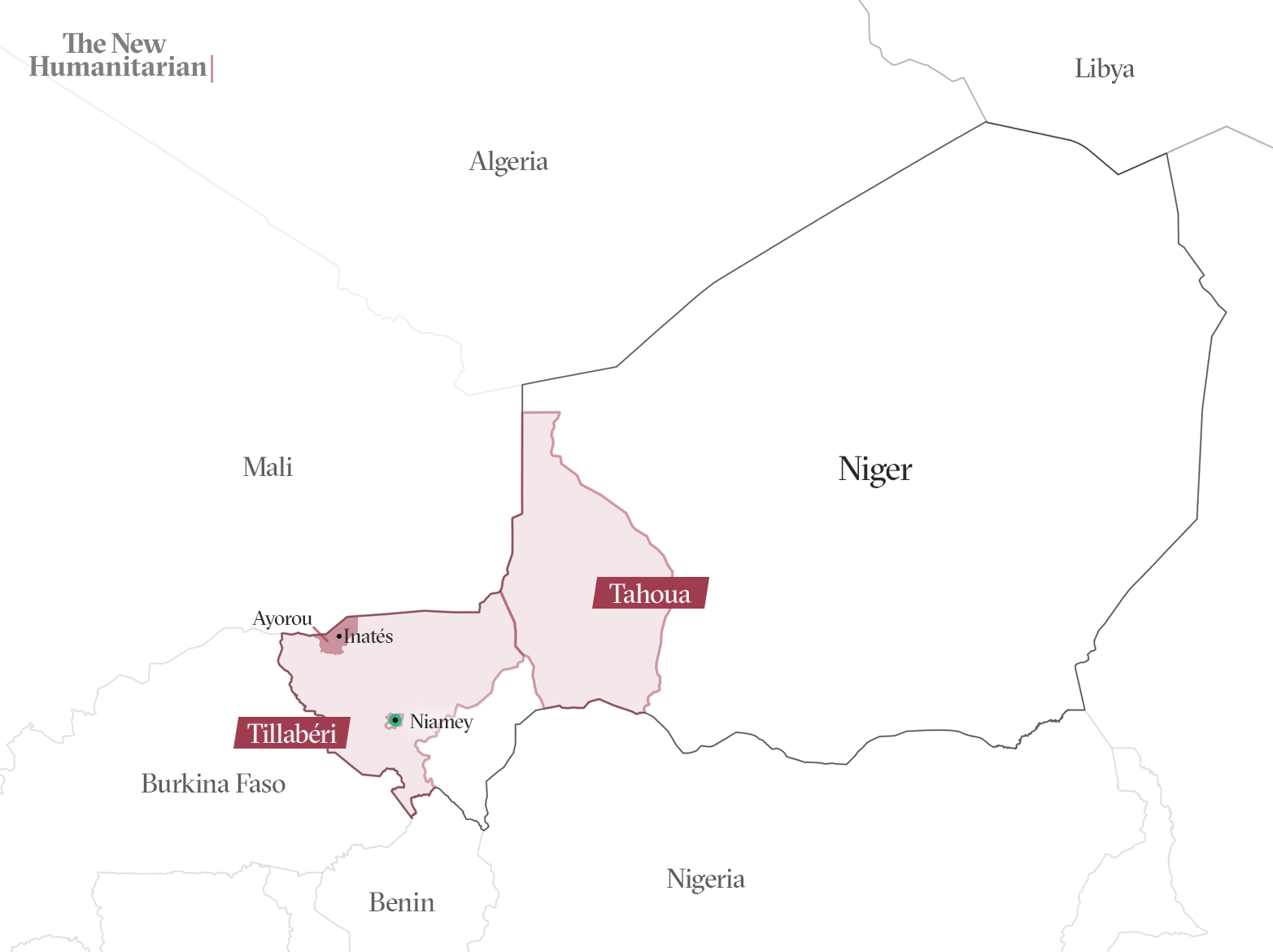 Map of Niger showing Tahoua, Tillaberi, and Ayorou as well as neighbouring countries