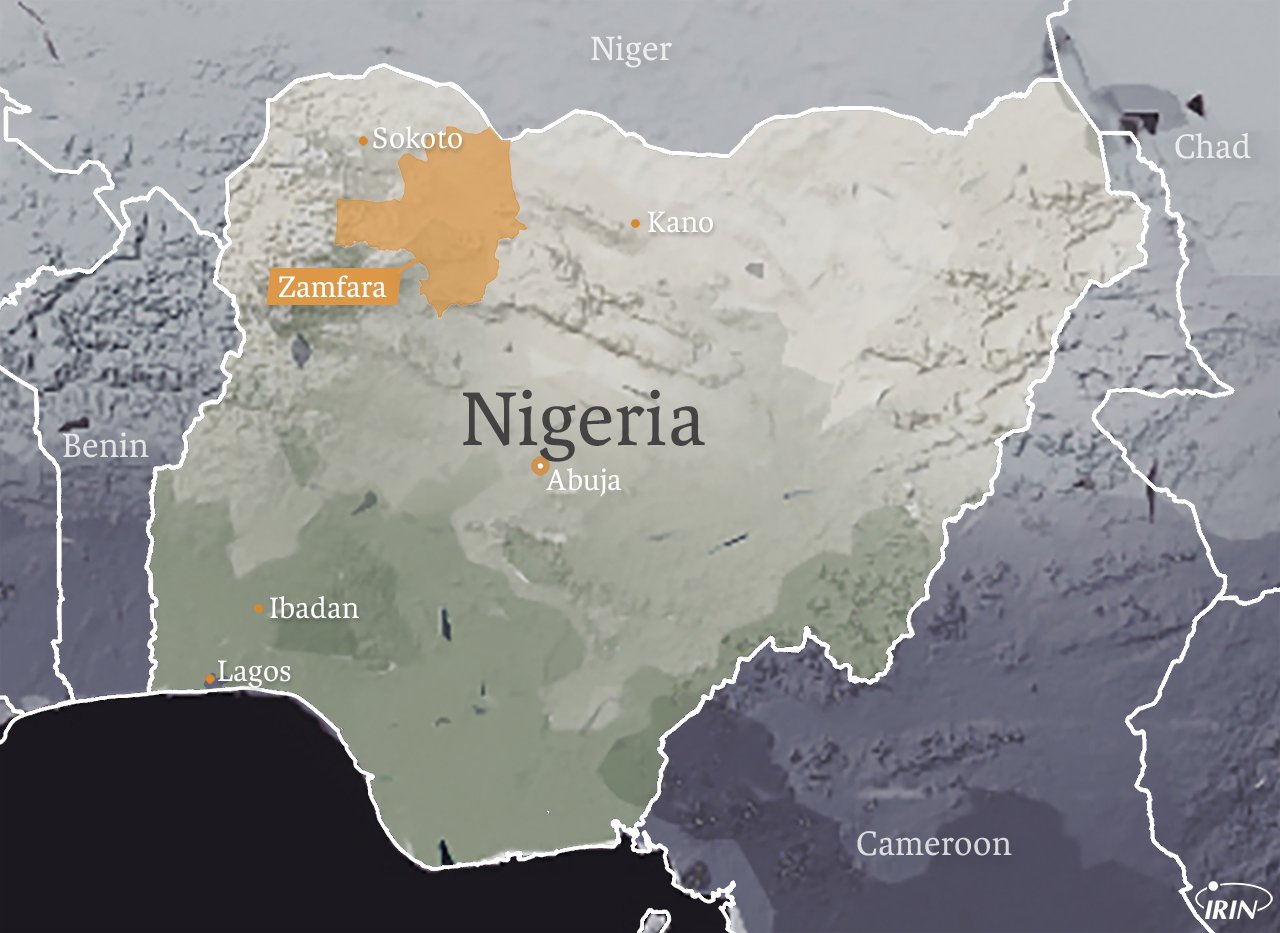 Map of Nigeria showing major cities (Abuja, Ibadan, Lagos, Sokoto, Kano) and the Zamfara region