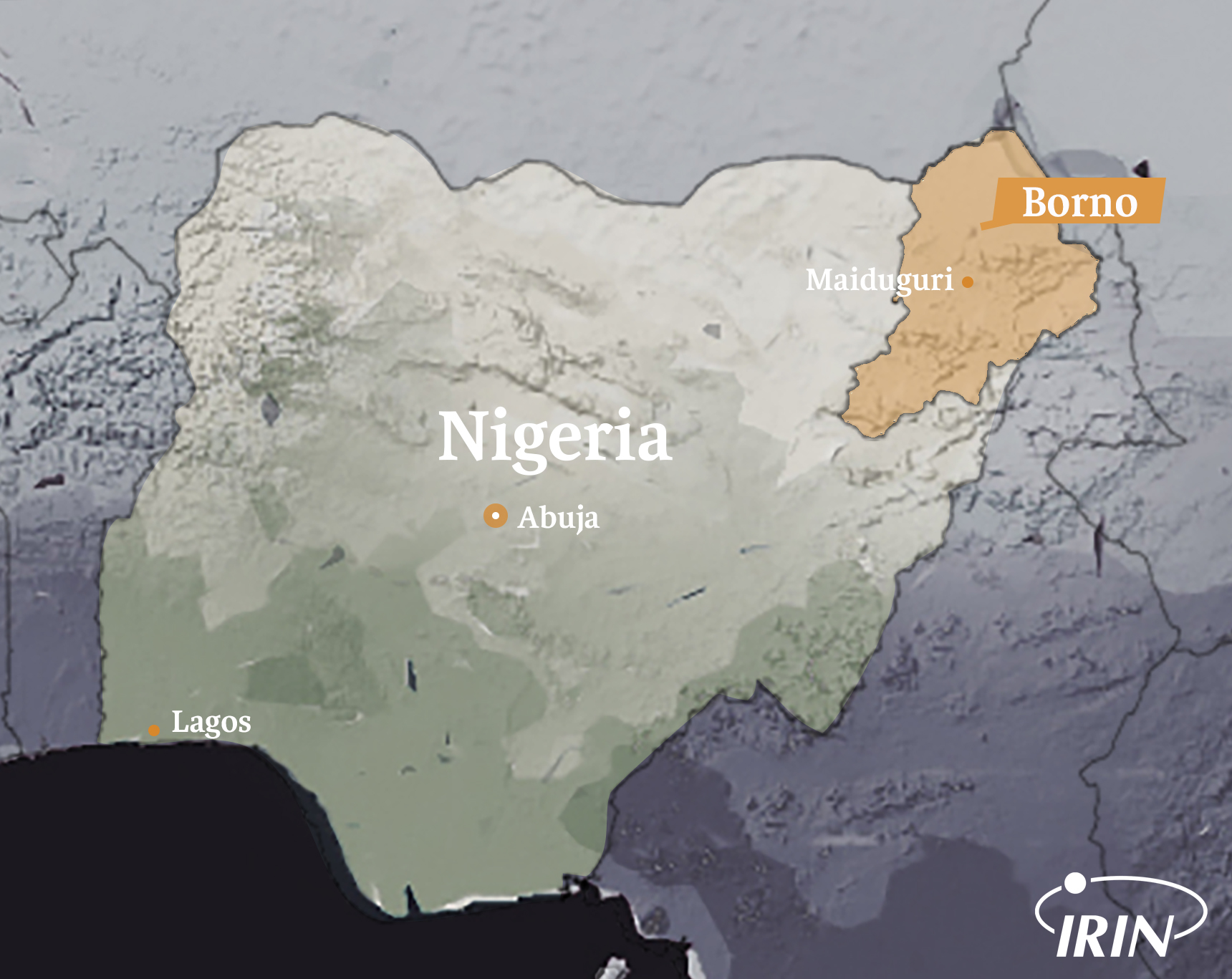 Map of Nigeria with Borno region, Abuja, Lagos, and Maiduguri