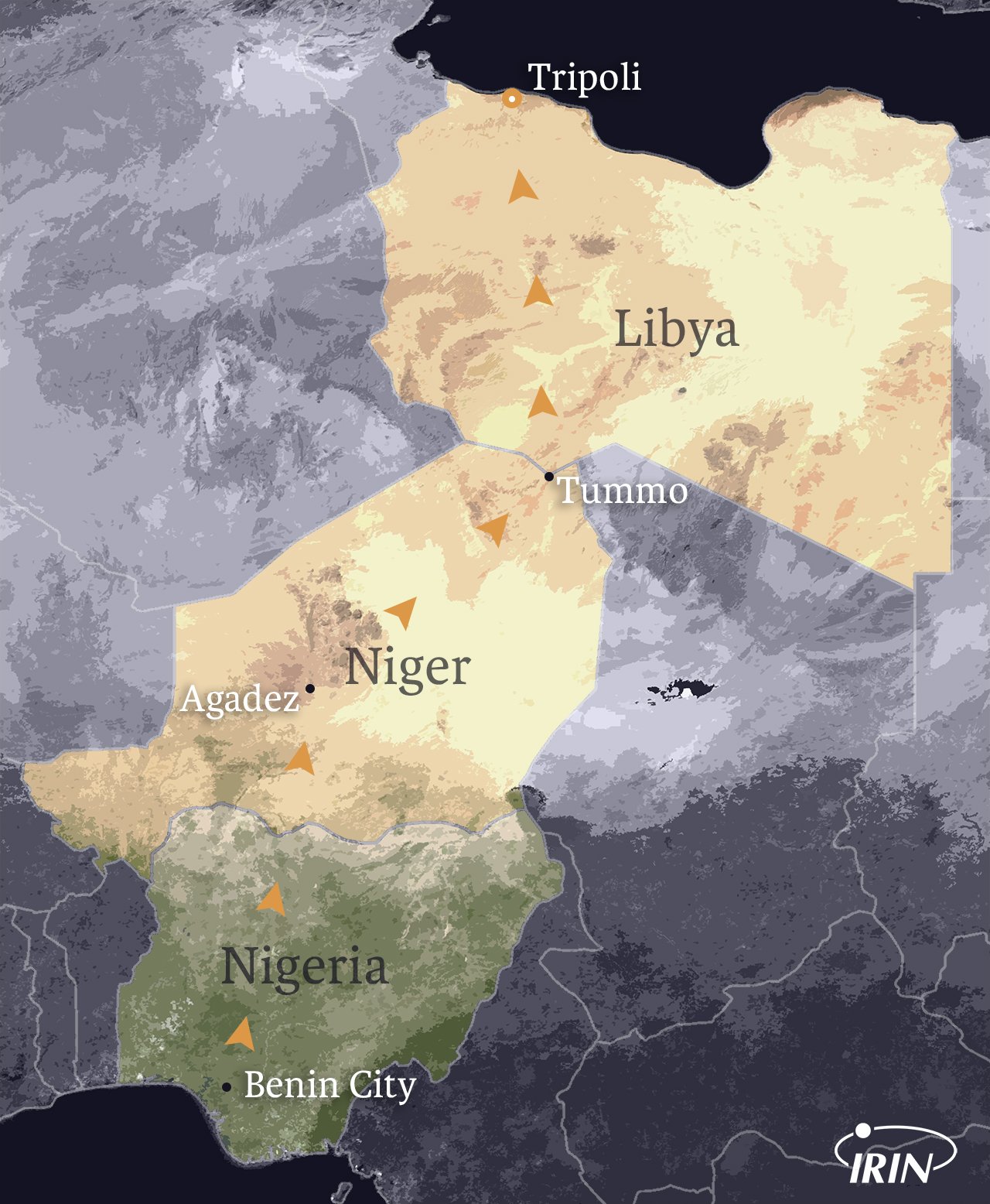 Map showing Nigeria, Niger, and Libya with Kano, Agadez, Tummo, and Tripoli