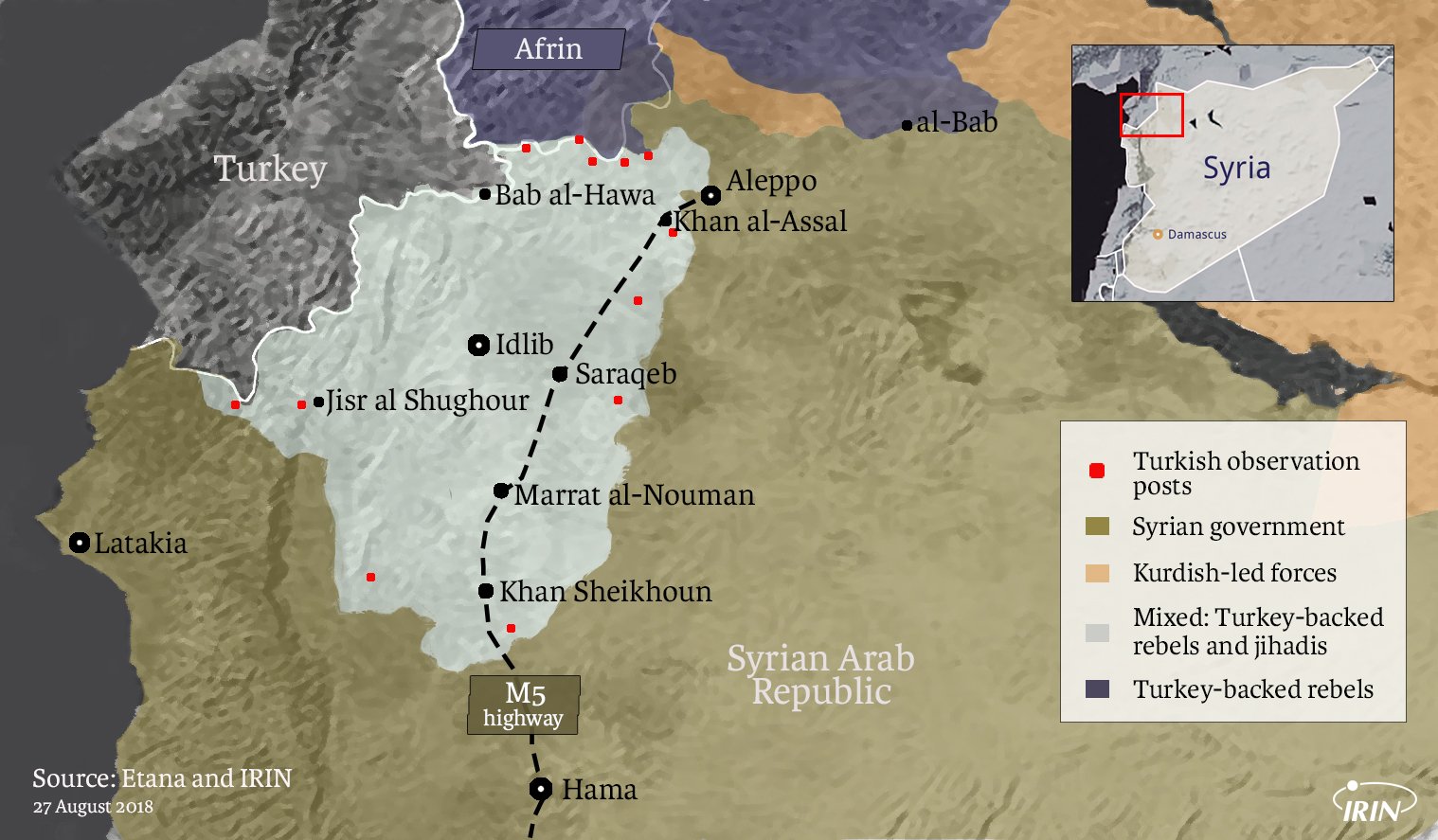 Map of northern Syria with Idlib, Aleppo, Hama, Latakia, and Afrin showing military situation as of 27 August 2018