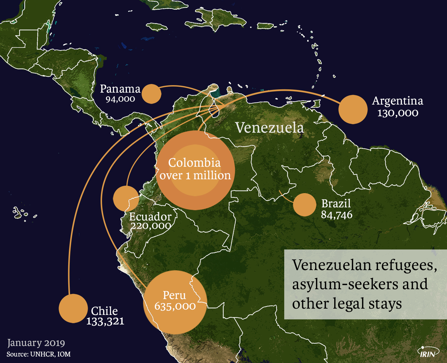 Map of South America showing Venezuelan refugee and migrant numbers for January 2019