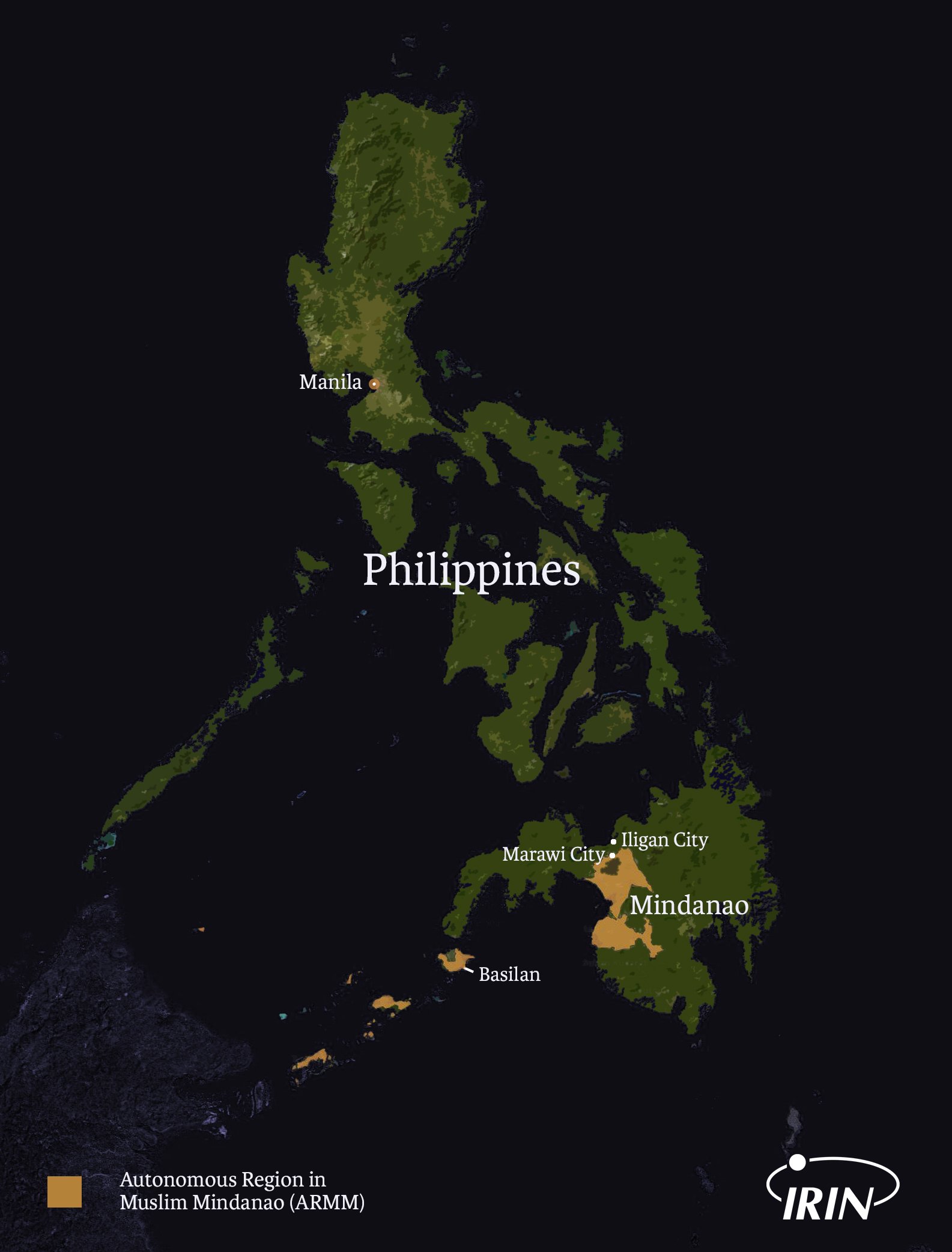 Map of Philippines including Marawi City, Mindanao, Manila, Iligan City, the ARMM area, and Basilan