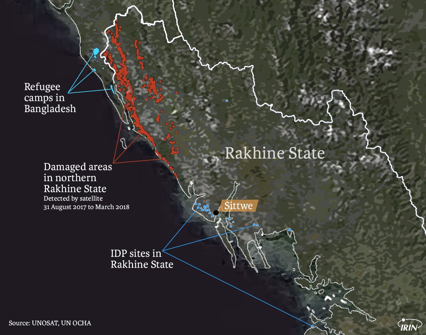 Map of refugee camps, idp sites, and damage zones in Myanmar's Rakhine State and neighbouring Bangladesh