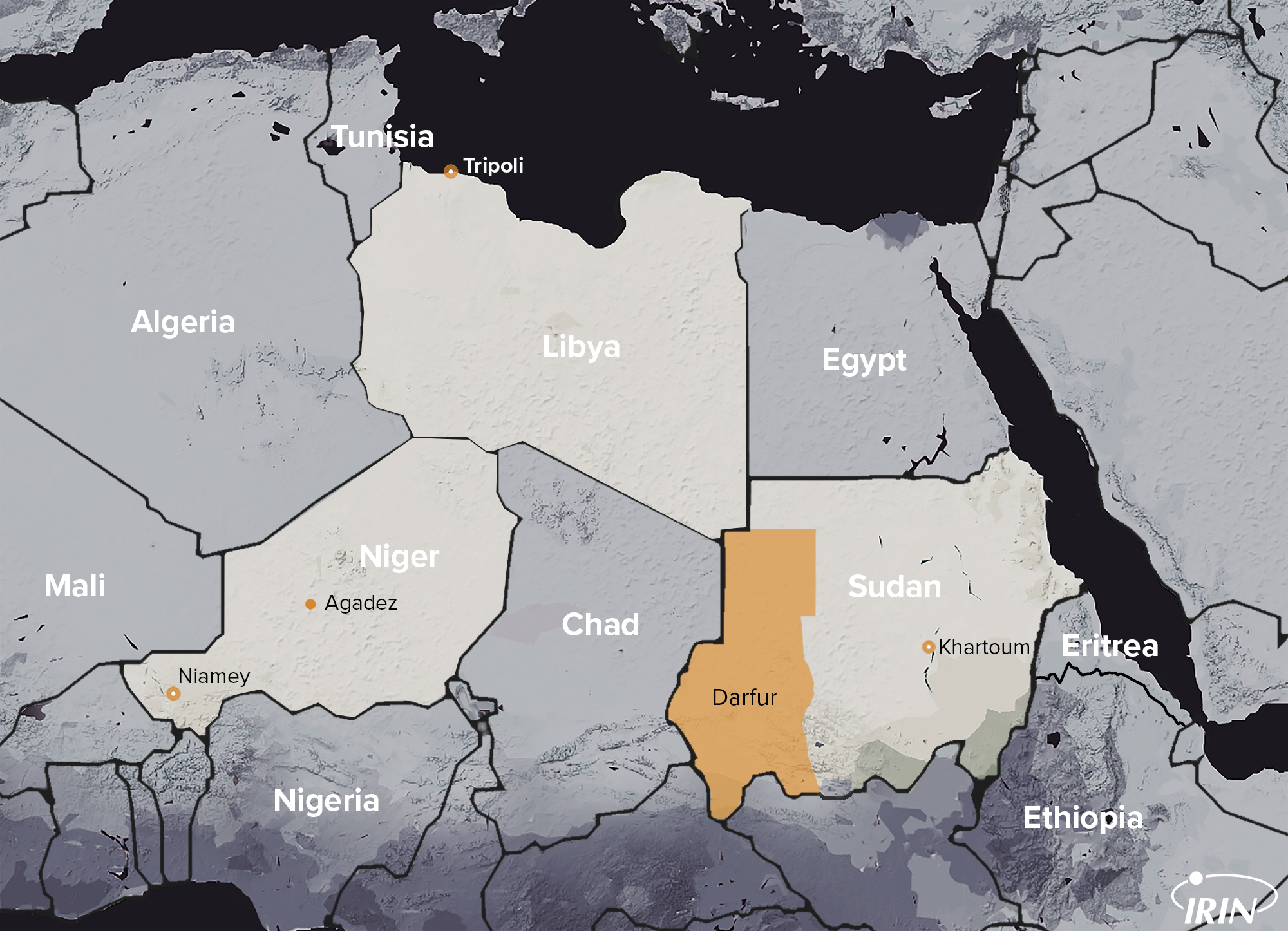 Map of northern Africa with Libya, Sudan including Darfur, Chad, and Niger