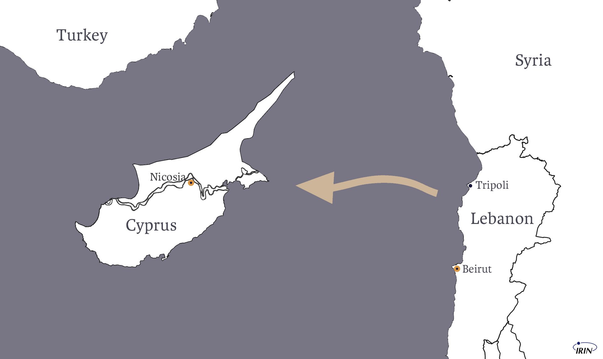 Map showing Lebanon, including Tripoli and Beirut, as well as Cyprus and northern Syria 