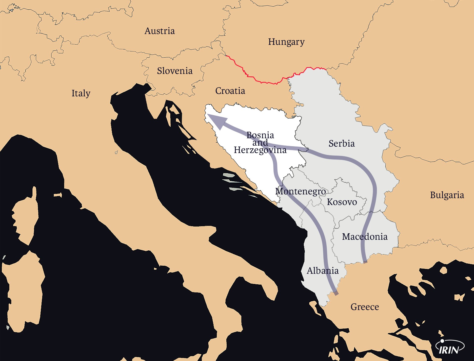 Map of migration routes through the Balkans featuring Bosnia, Serbia, and the European Union