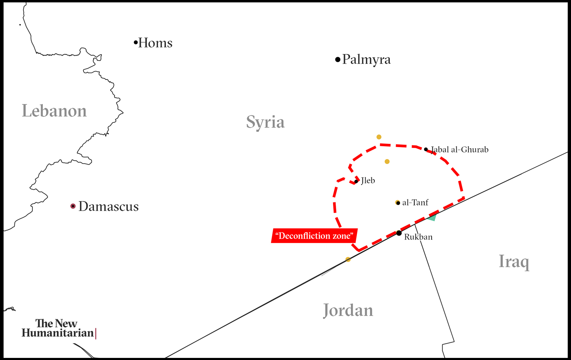 Map showing Rukban, al-Tanf air base, Homs, Palmyra, and 'deconfliction zone'