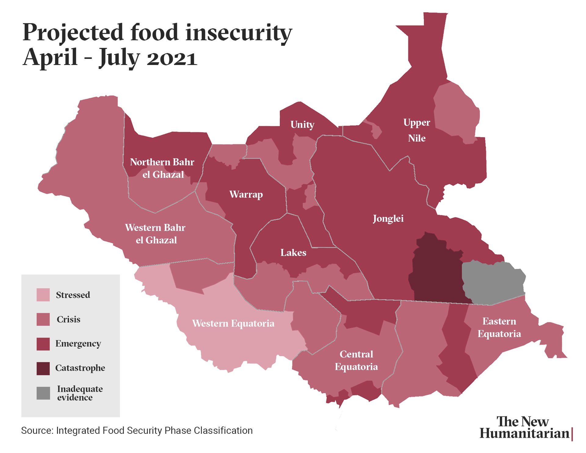 Map showing food insecurity throughout South Sudan