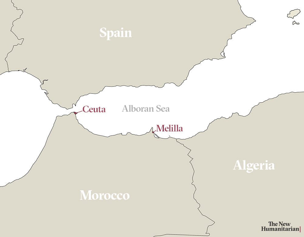 Map showing Spain, Morocco, Algeria, with the Alboran Sea and Ceuta and Melilla 