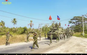 Translated from caption in image: Araksha warriors seen during the Rakhine-Erawati battles. Posted by Arakan Army Information Desk.