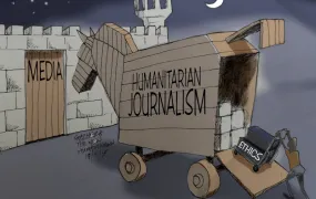 A cartoon showing a Trojan Hose labeled "Humanitarian Journalism" being loaded with cargo that is labeled "ethics" at the gates of a castle labeled "Media"