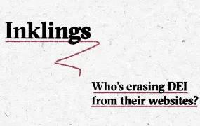 The header image for the Inkling's newsletter entry of 20 February, 2025. On the top left you see Inklings written in a serif font with an ink bleed effect and underlined with a burgundy-coloured line. On the bottom right we see a list of the main topic: Who's erasing DEI from their websites?