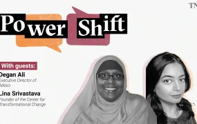 This is a header image showing the guests from a podcast episode on a podcast called "Power Shift". On the bottom left are the names of the guests: Degan Ali, Executive Director of Adeso and Lina Srivastava, Founder of the Center for Transformational Change. And on the Right you see headshots of Degan and Lina.