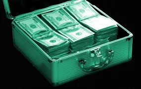 A metallic briefcase with a sturdy handle and reinforced edges is open, revealing stacks of U.S. $100 bills neatly arranged inside. The image has a green-tinted, high-contrast effect with a halftone pattern overlay, giving it a stylized, digital appearance. The background is dark, making the briefcase and money stand out prominently.