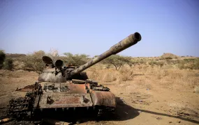 A destroyed tank is seen in a field in the aftermath of fighting between the Ethiopian National Defence Force (ENDF) and the Tigray People's Liberation Front (TPLF) forces in Kasagita town, in Afar region, Ethiopia, February 25, 2022. 