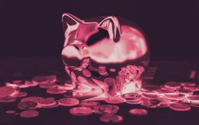 A pink chrome piggy bank graphic