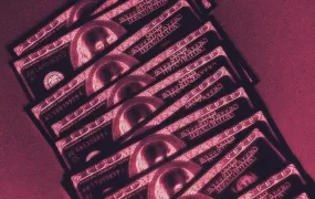 A stylized image depicting multiple U.S. one-hundred-dollar bills arranged in a fanned-out pattern. The bills are rendered in a high-contrast magenta and black color scheme, obscuring finer details while emphasizing the outline of the currency and the portrait of Benjamin Franklin. 