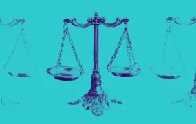 Stylised image of an ornate, antique balance scale centred against a bright turquoise background.  The same scale design is duplicated and partially visible on either side of the main image, creating a repeating visual pattern. The colour treatment is high-contrast, with deep blue and cyan tones.