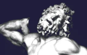 A digitally stylized image of a classical marble sculpture featuring a muscular male figure in a dramatic, contorted pose. The figure's head tilts back with a pained or anguished expression, eyes partially closed, and mouth slightly open. The image is rendered in high contrast with a halftone effect, giving it a textured, pop-art quality. The background is a deep, solid navy blue.