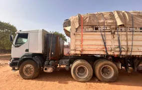 A stationary truck carrying relief supplies in Darfur. 