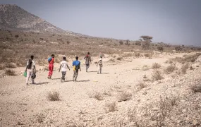 A group of Ethiopian migrants walking through Somaliland. They follow the main road, but divert when they see police patrols and checkpoints.