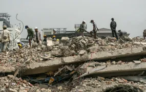 A view of the damaged buildings and ongoing debris cleanup efforts aftermath of a powerful 7.7 magnitude earthquake that struck central Myanmar late last month, leaving a trail of destruction across the region, on April 08, 2025. 