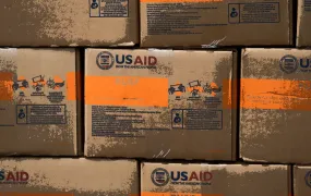 Stylised illustration of USAID boxes containing humanitarian aid for Venezuela are seen at a warehouse near the Tienditas cross-border bridge between Colombia and Venezuela in Cucuta, Colombia, February 8, 2019.