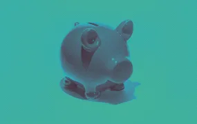 A photo of a piggy bank with a green to blue gradient overlay.