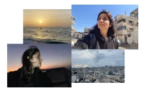 A collage of photos. From right to left in the top row: First, a photo of the sea as the sun is setting. Next to it, a photo of Rita in a neighbourhood of Gaza City. In the bottom row: On the left, Rita returning from Gaza City to Deir al-Balah where her home was destroyed.