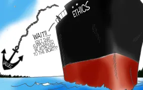 A cartoon showing a boat labeled "Ethics" throwing down an anchor labeled "values" that is detached from the boat. A voice on the boat yells "Wait! Isn't that supposed to be attached to the boat?"